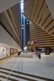 Panoramic view of the exhibition space blending artistic and scientific elements.