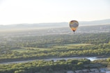 A panoramic view from the balloon showing lush green fields and cityscape.