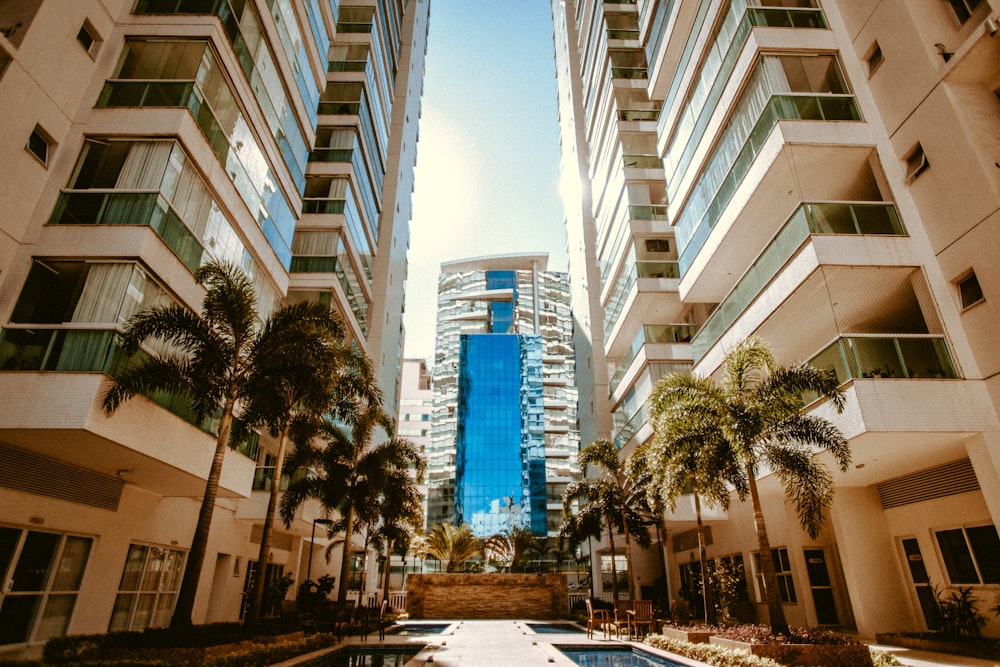 low-angle photography of two white high-rise buildings