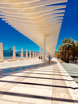 An architectural walkway with a modern canopy structure featuring wavy white beams, casting shadows on the ground. People are walking along this open, spacious port area beside a blue body of water. Palm trees line the right side, adding a touch of greenery.