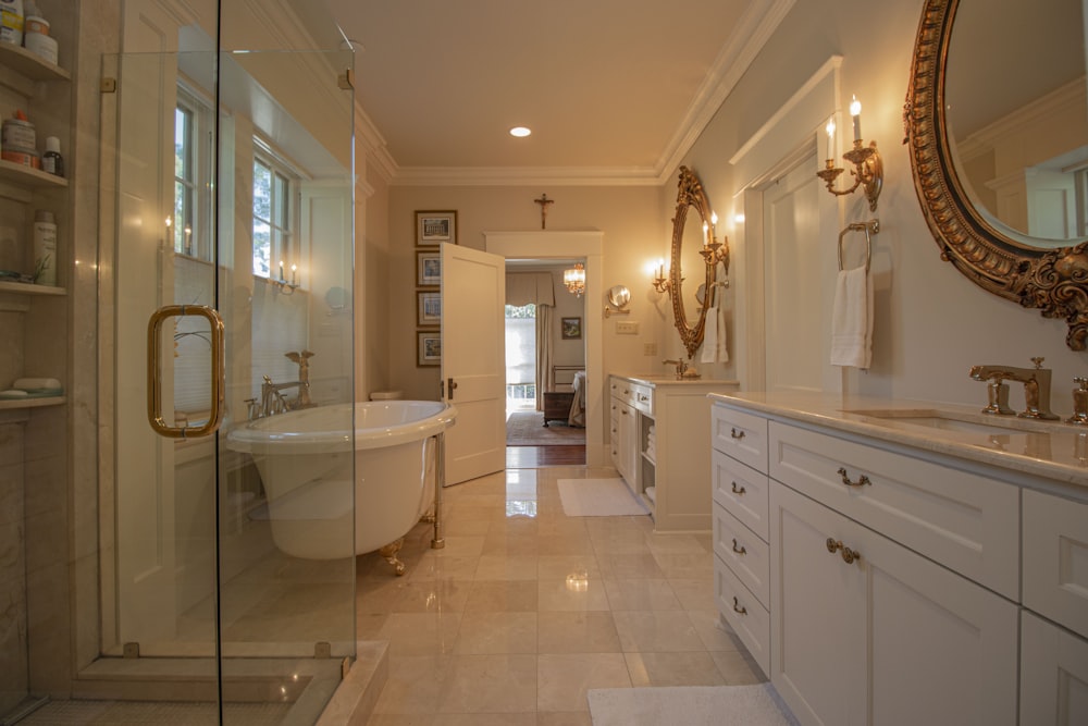 dresser near glass shower stall