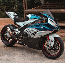 blue and white BMW sports bike