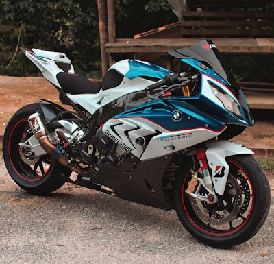 blue and white BMW sports bike