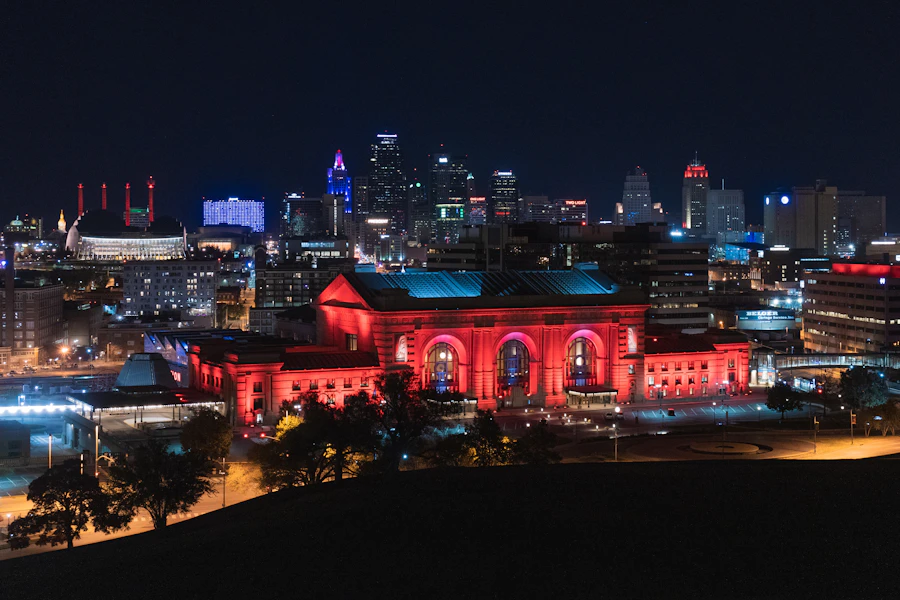 Union Station lit red at night