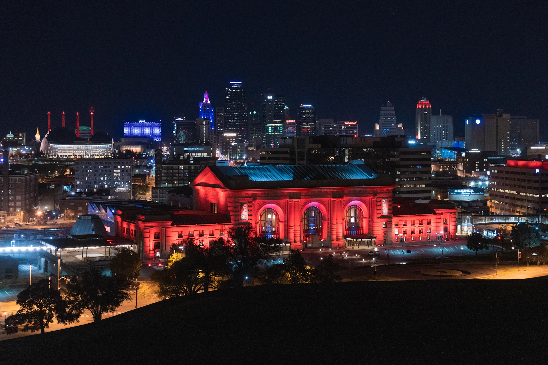 red building at night time