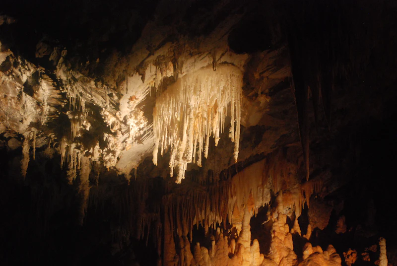 Stalactites hanging from the ceiling of the Antiparos Cave