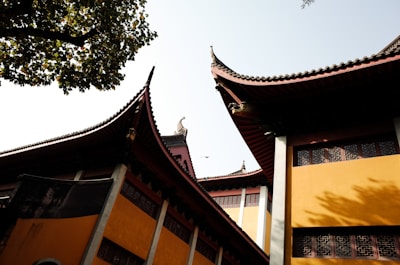 Traditional Asian architecture with ornate, curved rooftops and intricate details, framed by a clear sky. A tree branch extends from the left side, casting shadows on the vibrant yellow and red walls of the building.