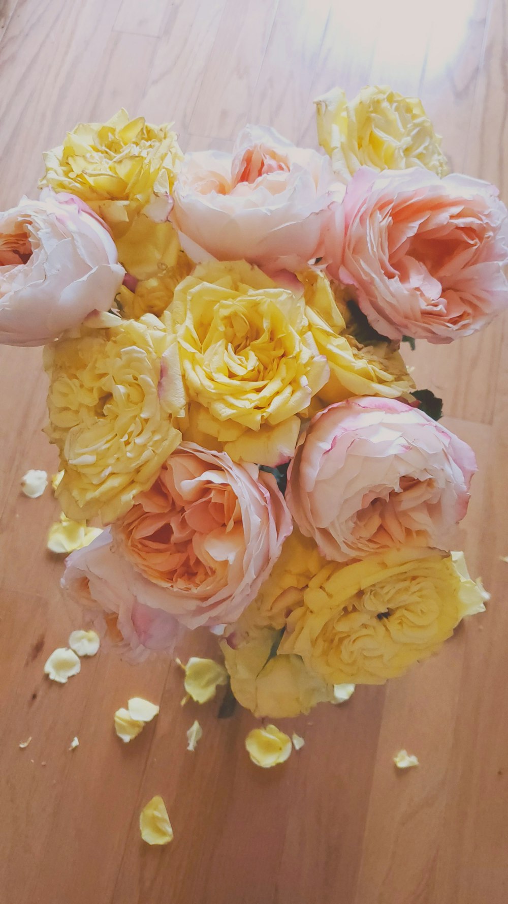 pink and yellow roses in vase