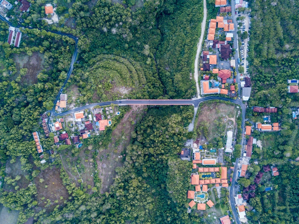Fotografía aérea de casas con vistas a la carretera y al bosque durante el día