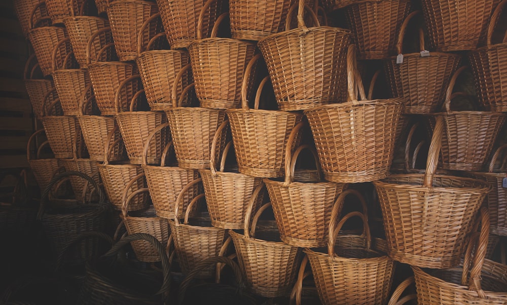 wall of round wicker brown baskets