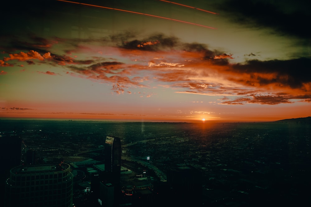 bird's eye view of a city at sunset