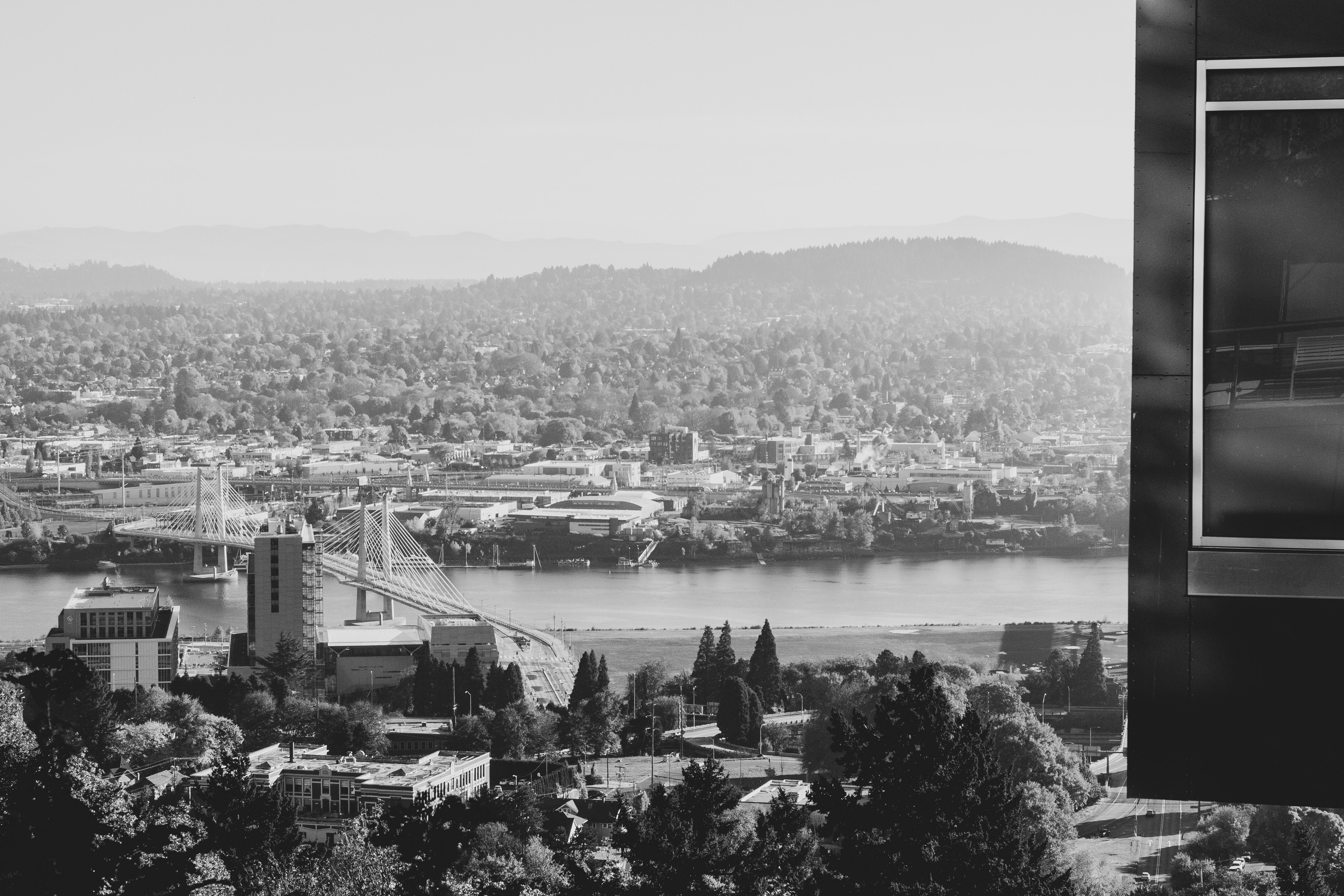 grayscale photography of city near body of water