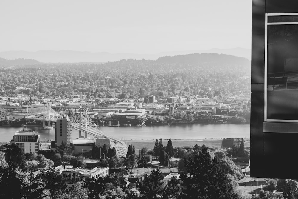 grayscale photography of city near body of water