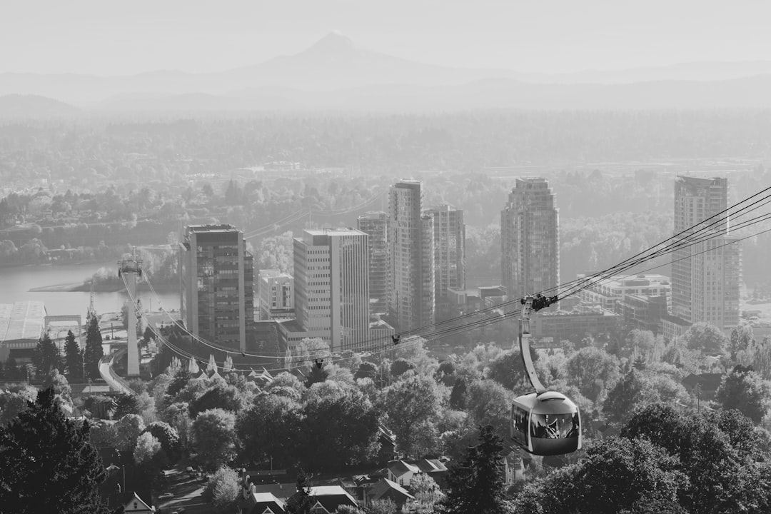 grayscale photography of cable car