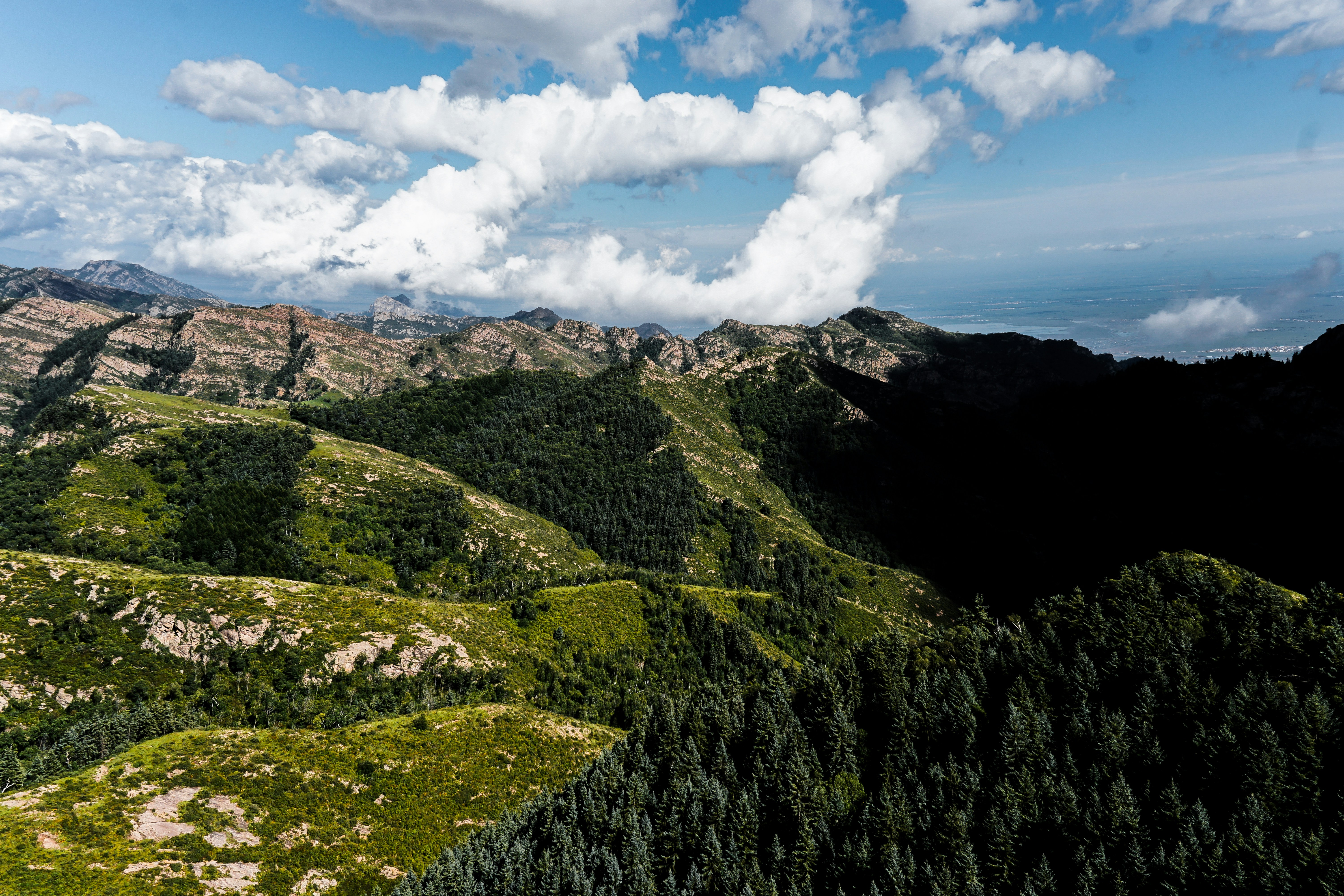 Landscape photograph capturing expansive green ridges cascading toward a distant blue sea under a bright sky. Layered terrain emphasizes depth with sunlit plateaus and a shadowed foreground.