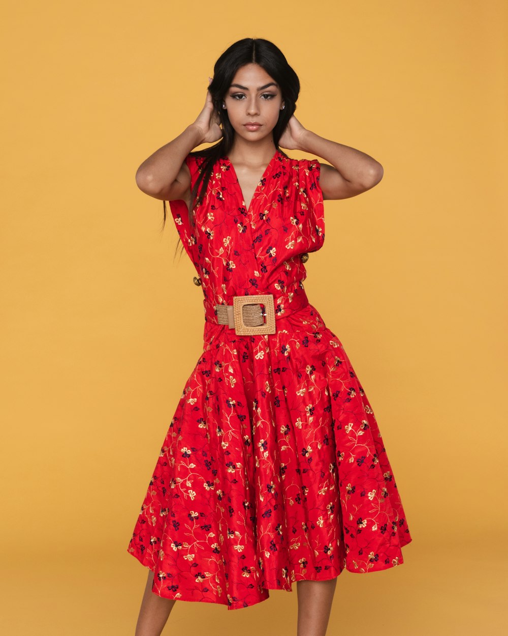 women's red, white, and black floral dress