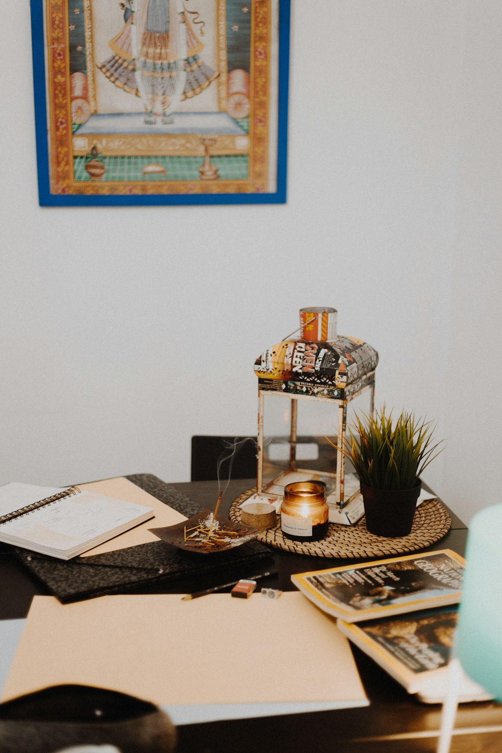 assorted items on a brown wooden table