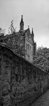 A gothic-style building with ornate spires and arched windows stands partially obscured by trees. A stone wall leads the eye towards the building, creating a sense of direction and depth. The overcast sky adds a moody atmosphere to the scene.