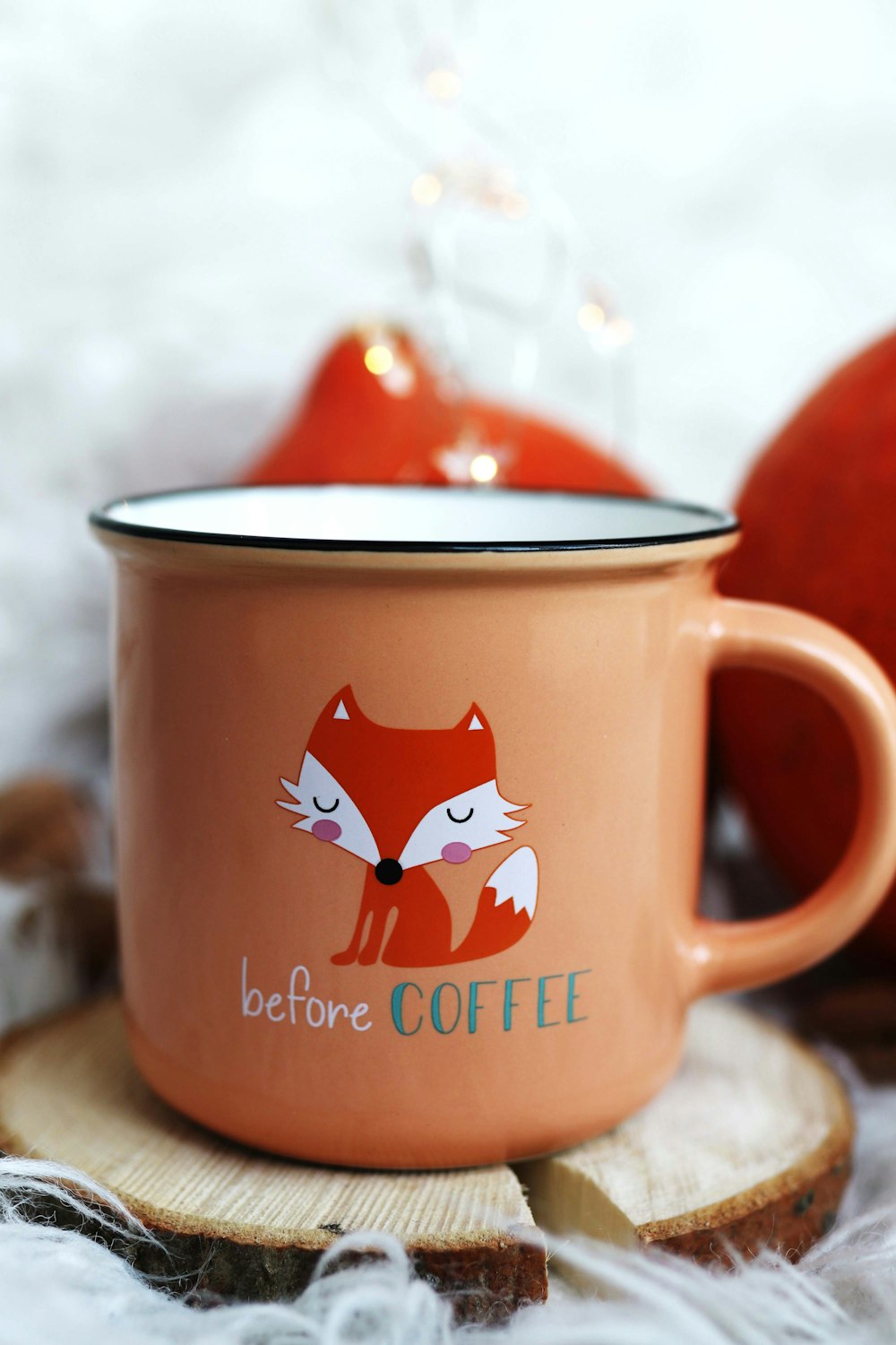 orange, red, and white fox before coffee print mug