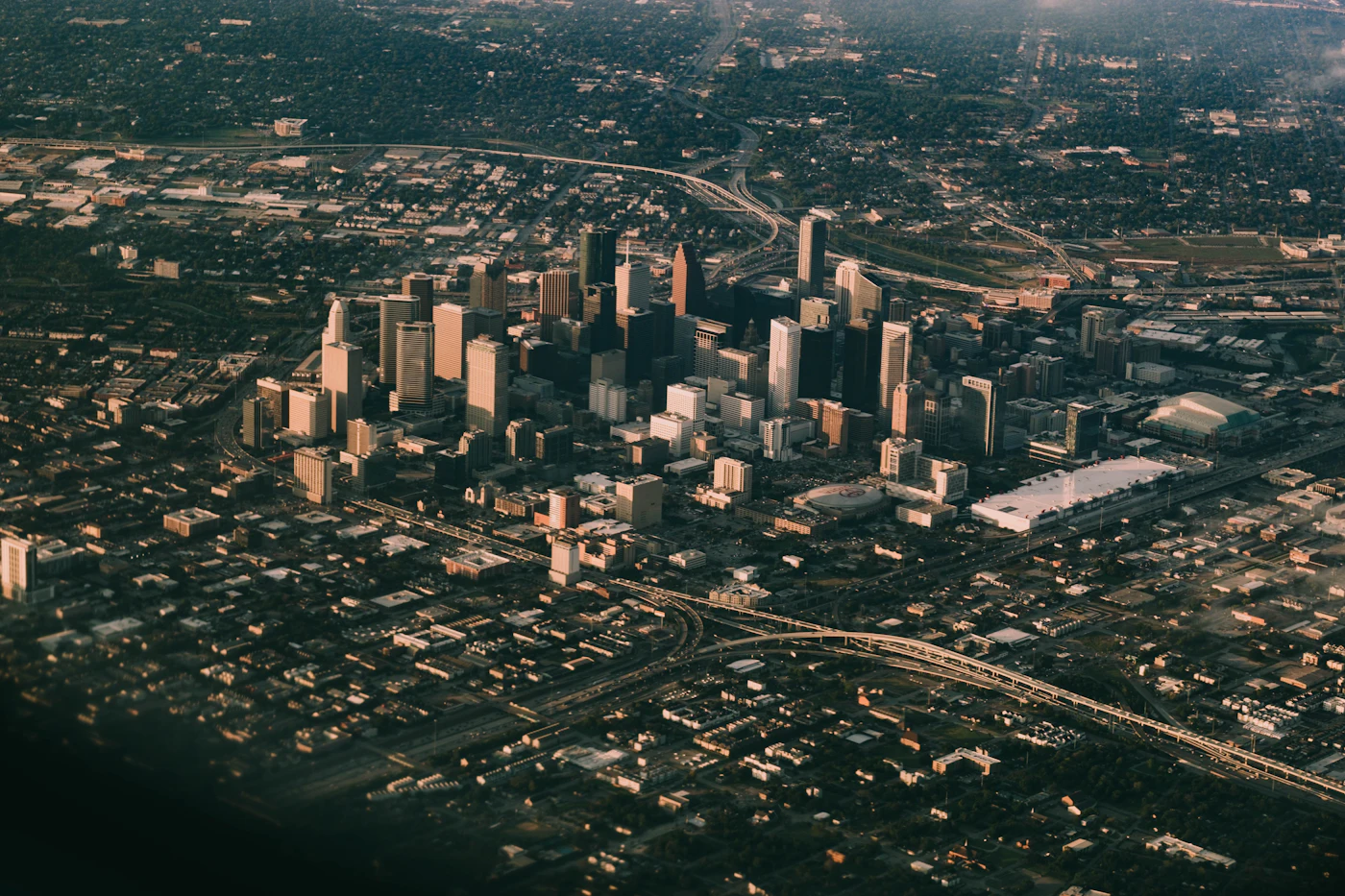 Aerial view of downtown Houston office towers