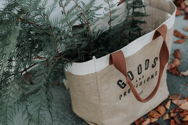 A jute tote bag with brown handles labeled 'Goods and Provisions', containing green fir branches. The bag is placed on a surface scattered with dry, brown leaves.