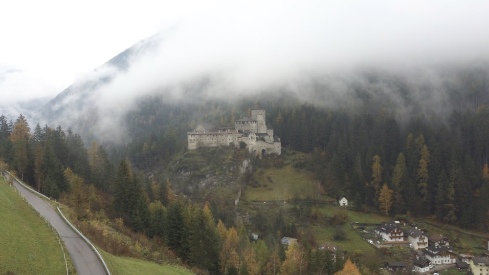 霧に覆われた緑の野原を眺める山の上の白い城の航空写真