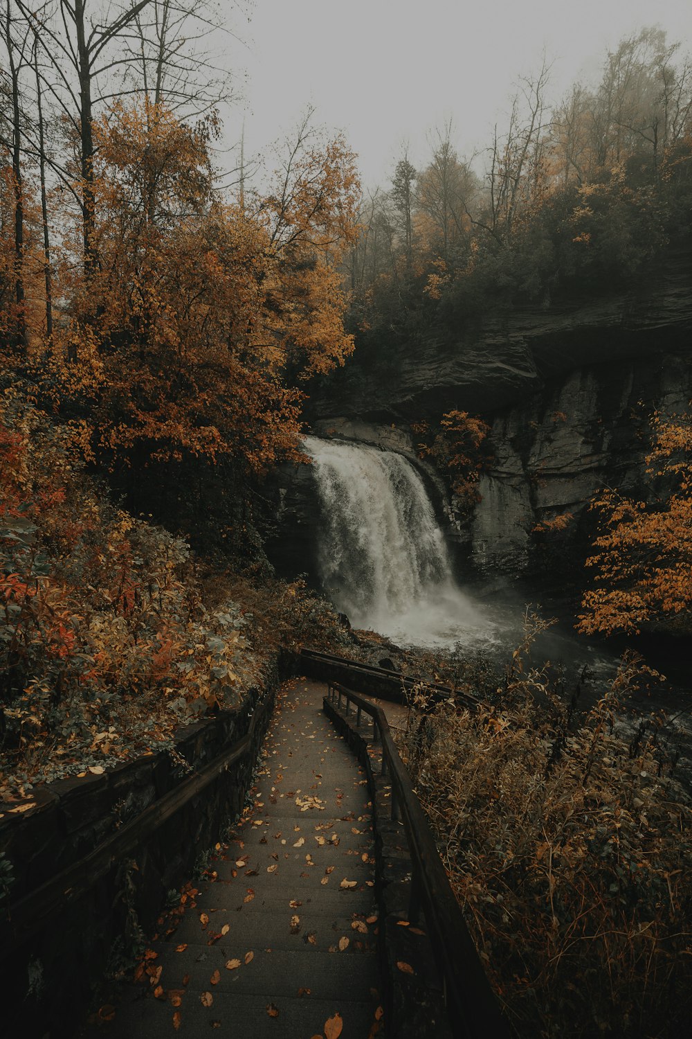 waterfalls under gray sky