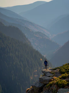Wide shot of an explorer standing on a rocky cliff overlooking a dense forest