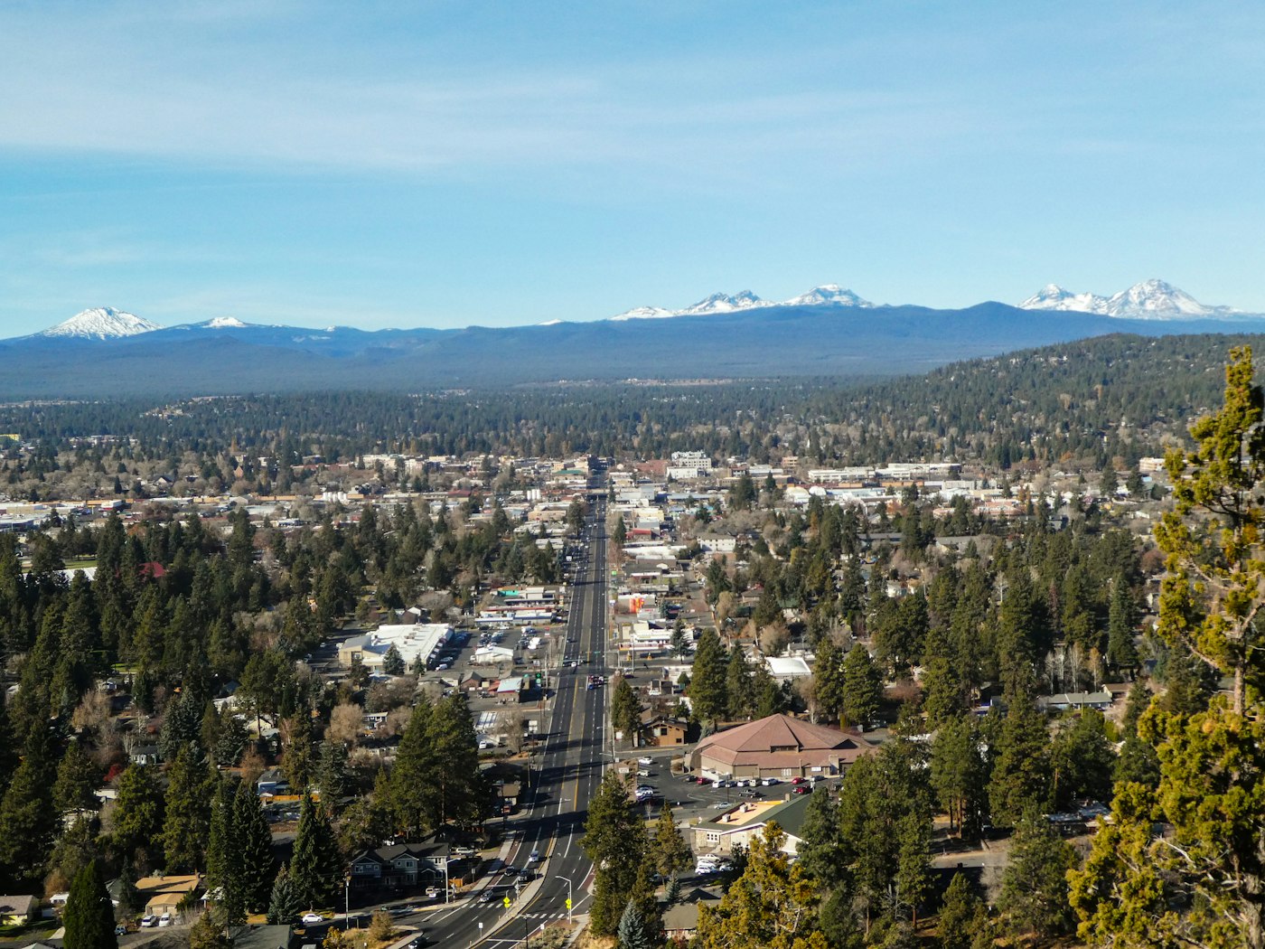 View over Bend, Oregon neighborhoods toward the Cascades