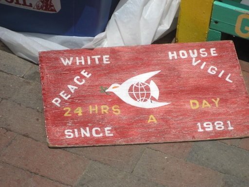 A red wooden sign with white painted text that reads 'WHITE HOUSE PEACE VIGIL 24 HRS A DAY SINCE 1981'. The sign features a white dove with an olive branch in its beak and a globe design on its body. It is positioned on a brick pavement with a white cloth and colored crates partially visible in the background.
