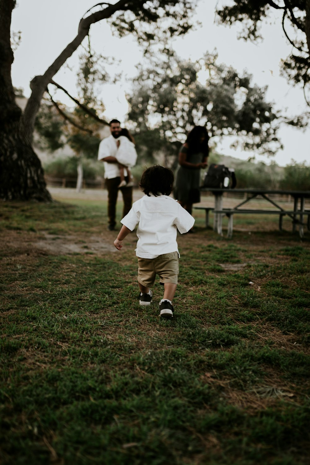 boy walking toward man and woman near tree during daytime