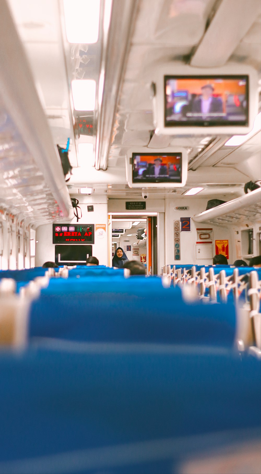 blue and white bus