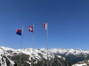 low-angle photography of three flags