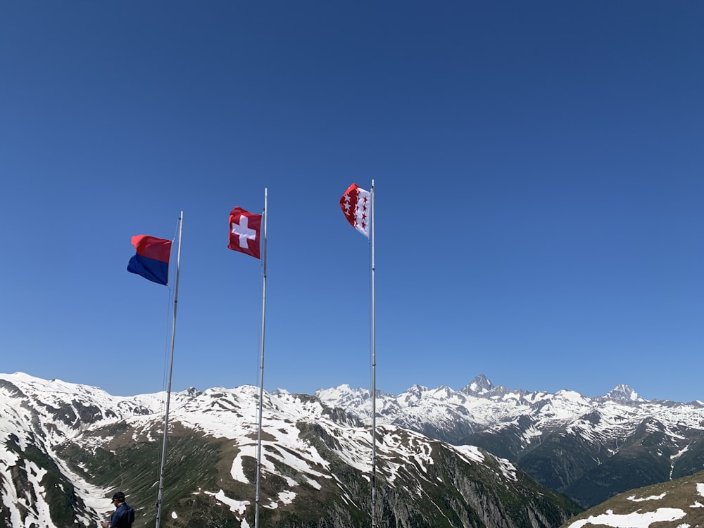 low-angle photography of three flags