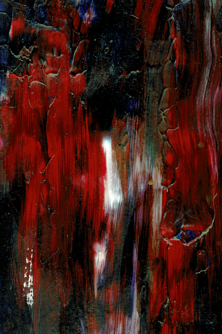 Red and black abstract painting on canvas — a single high-contrast composition standing in for Anya Voss's Untitled (Threshold IV)