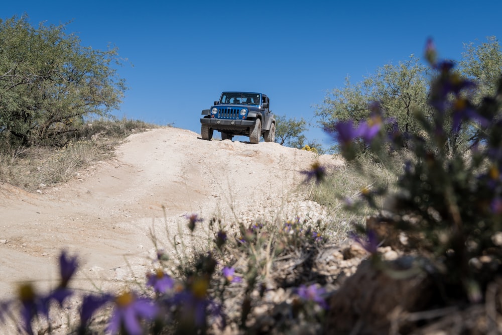 blue Jeep Wrangler on dirt road