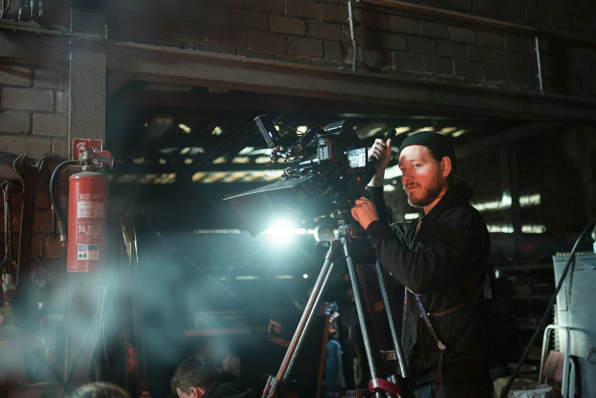 film crew working set night