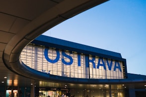 blue and gray Ostrava building under a calm blue sky