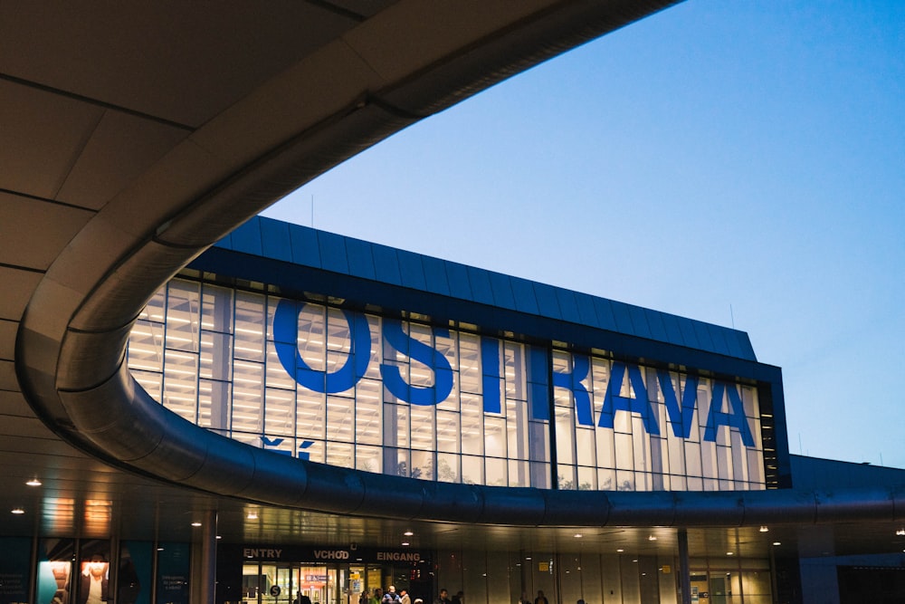 blue and gray Ostrava building under a calm blue sky