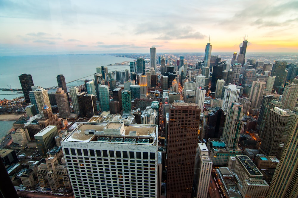 aerial view of buildings near ocean