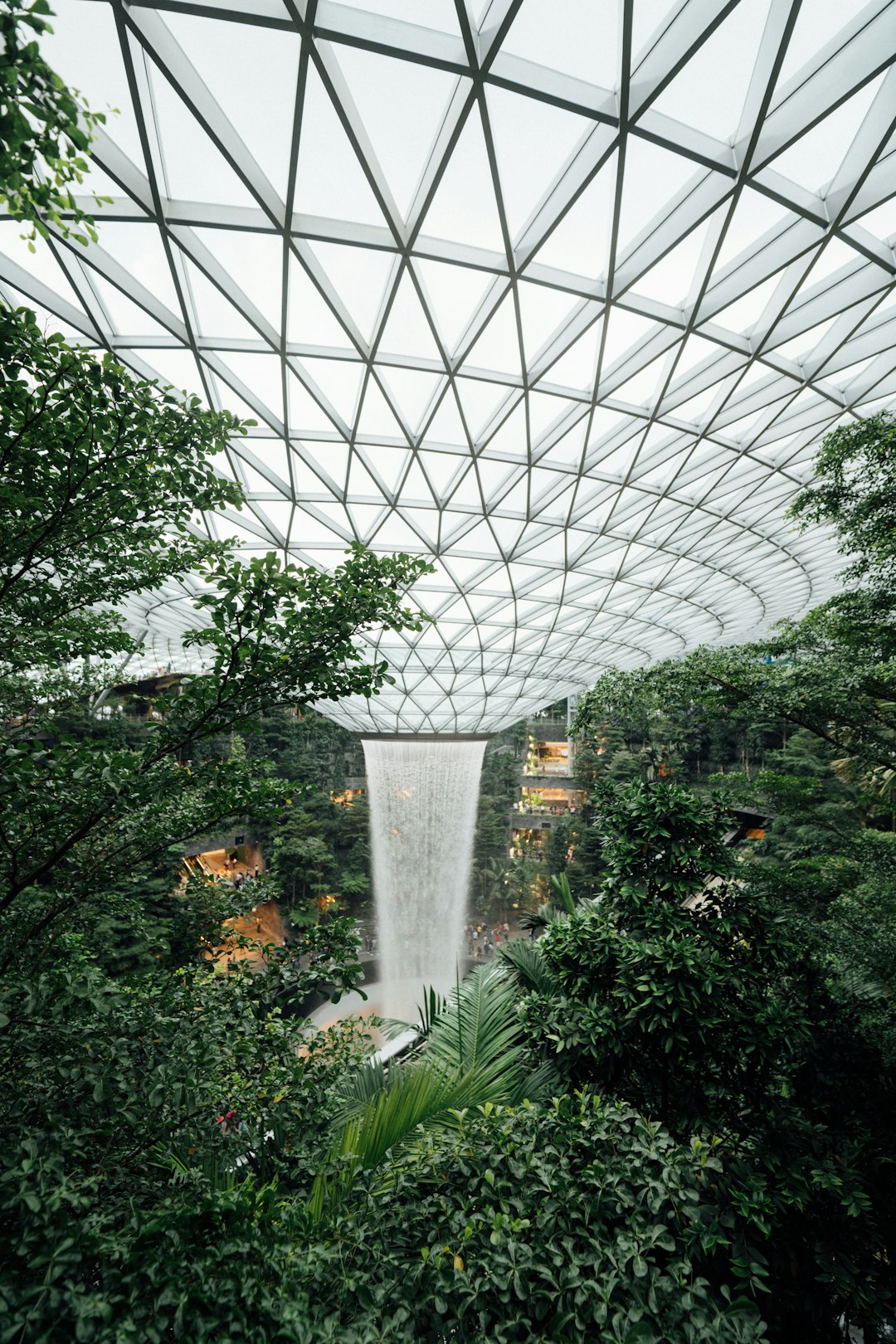 flowing man-made waterfall of Changi Airport in Singapore