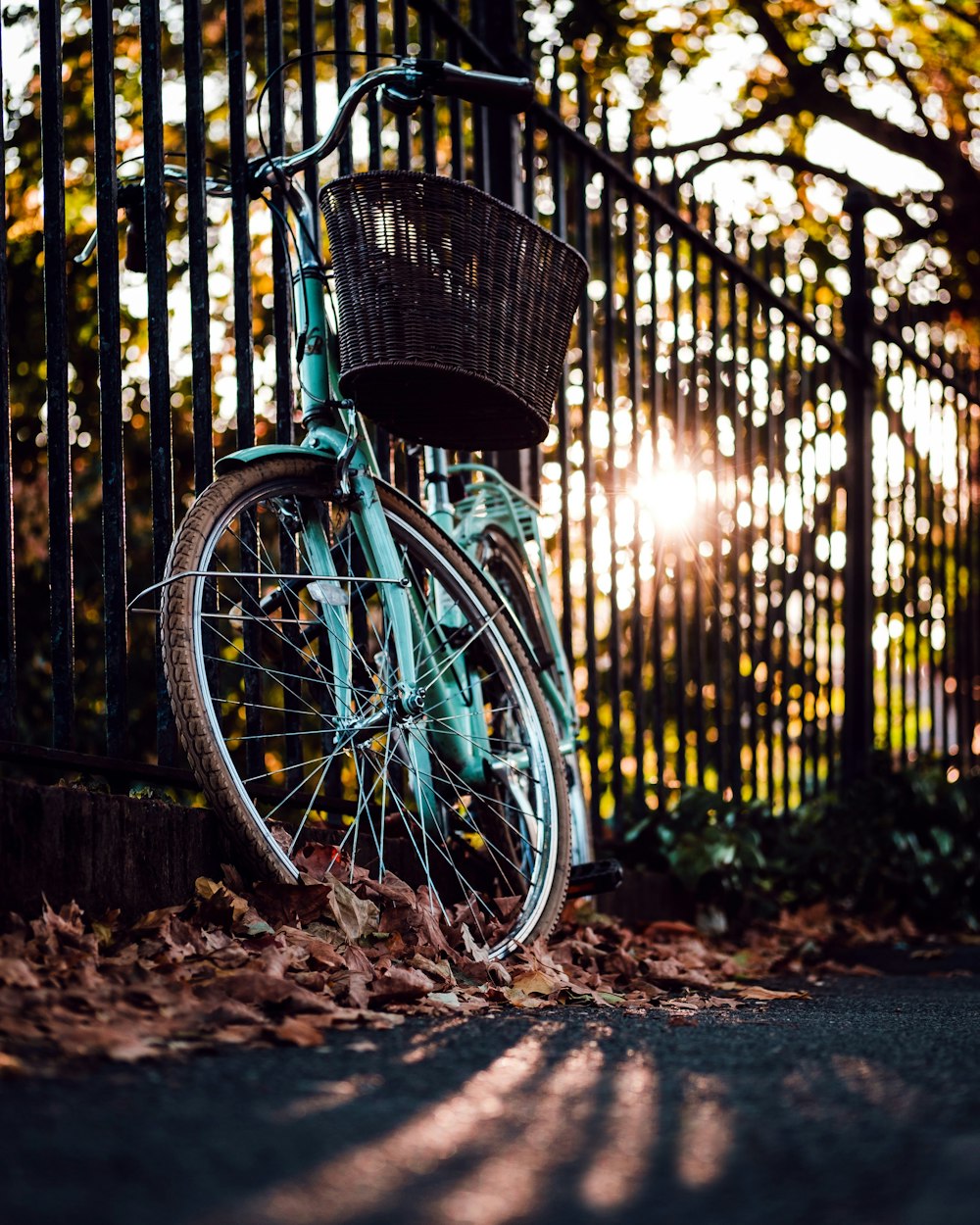 weißes und braunes Fahrrad, das an einem schwarzen Metallzaun lehnt