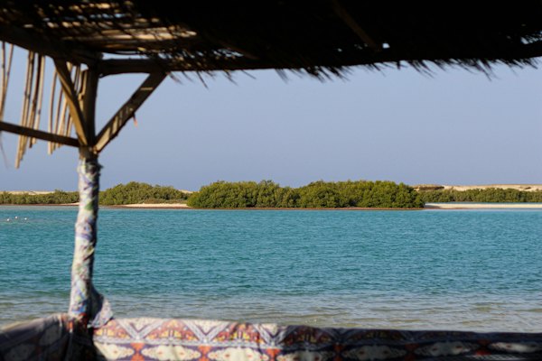 A shaded seat looking out over the lagoon — Marsa Alam, Egypt