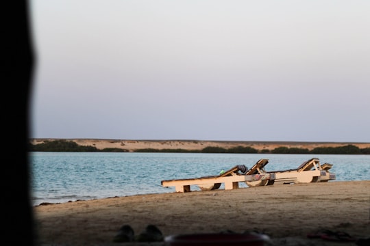 wood bench facing body of water in Marsa Alam Egypt