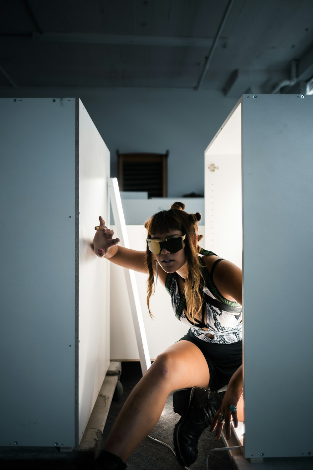 woman wearing shield sunglasses