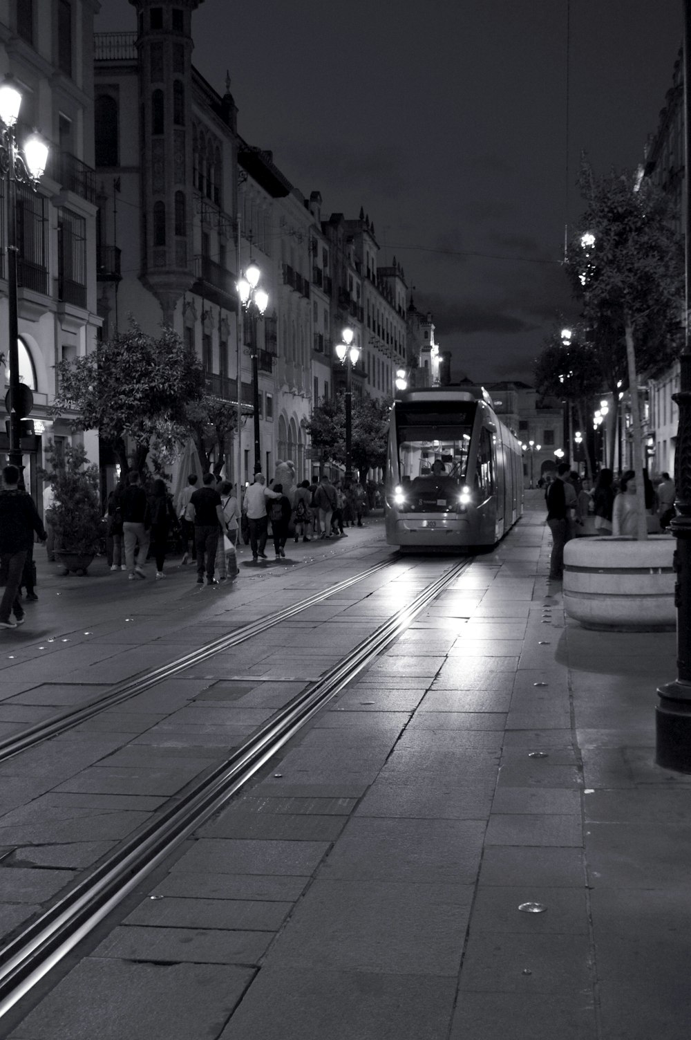 grayscale photo of train at night