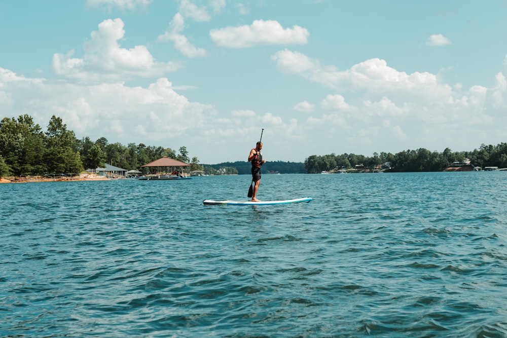 man standing on surfboard