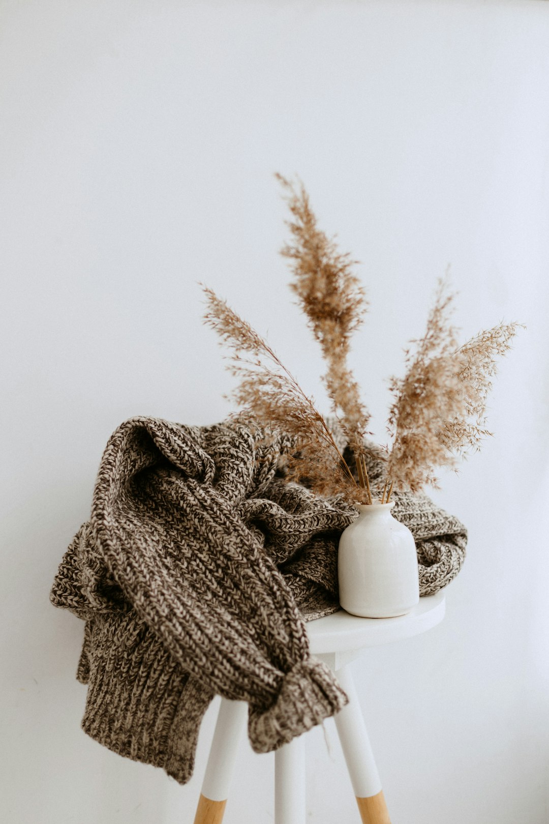 brown flowers in white vase on white table