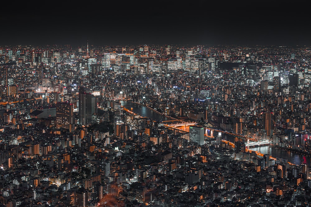 top view of lighted cityscape at night