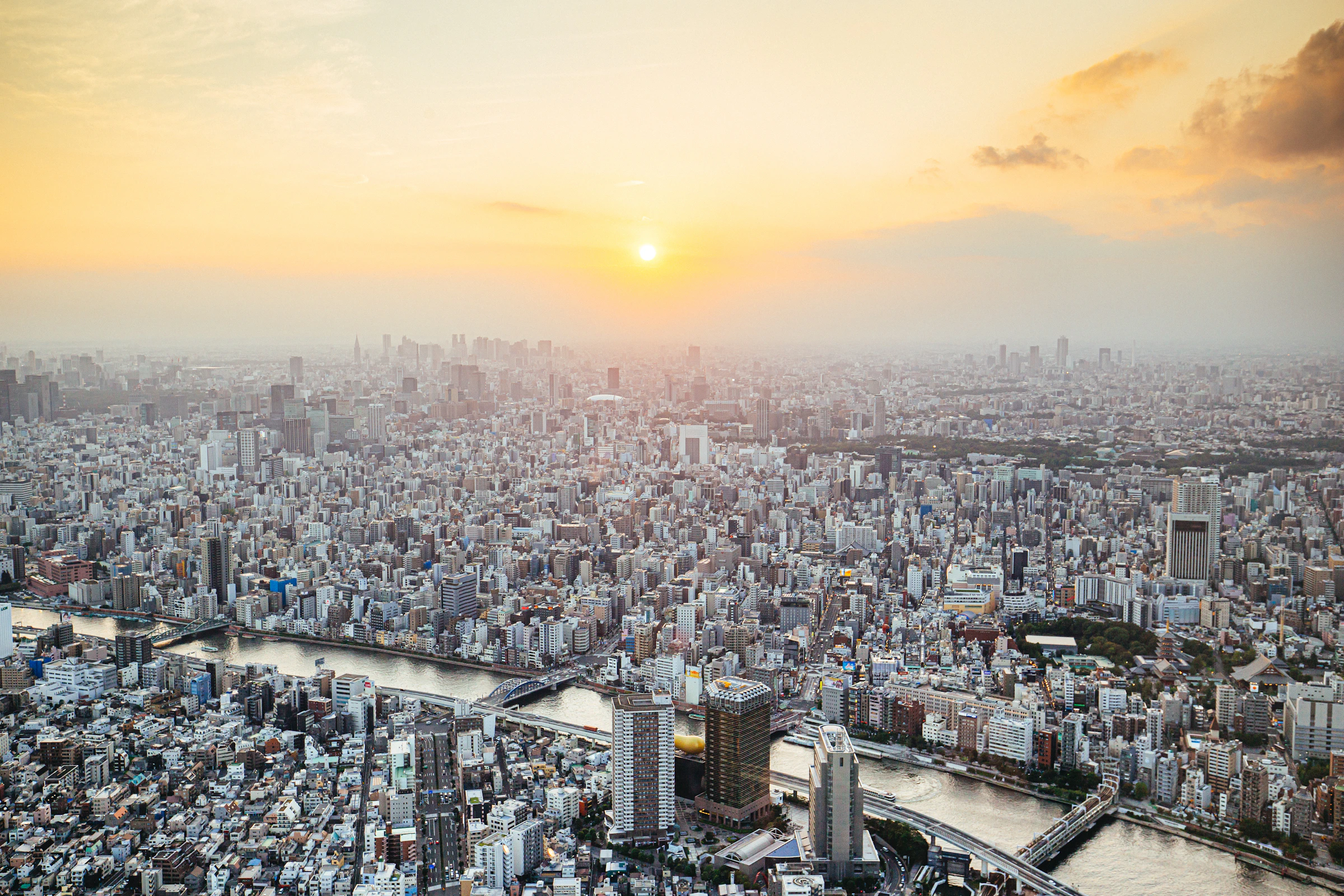 夕暮れの東京・金融街に立ち並ぶ高層ビル群の俯瞰